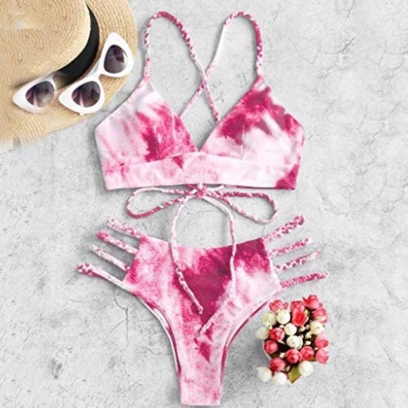 New Pink Tie Dyed Lace Up Bikini Sz: Medium - Picture 1 of 7